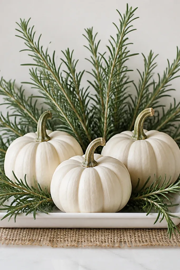 Three chalky off-white pumpkins on a small white tray. Fresh rosemary sprigs are fanned out behind them like a hand fan, with a few sprigs arcing over the front edges. A thin burlap strip sits under the tray.