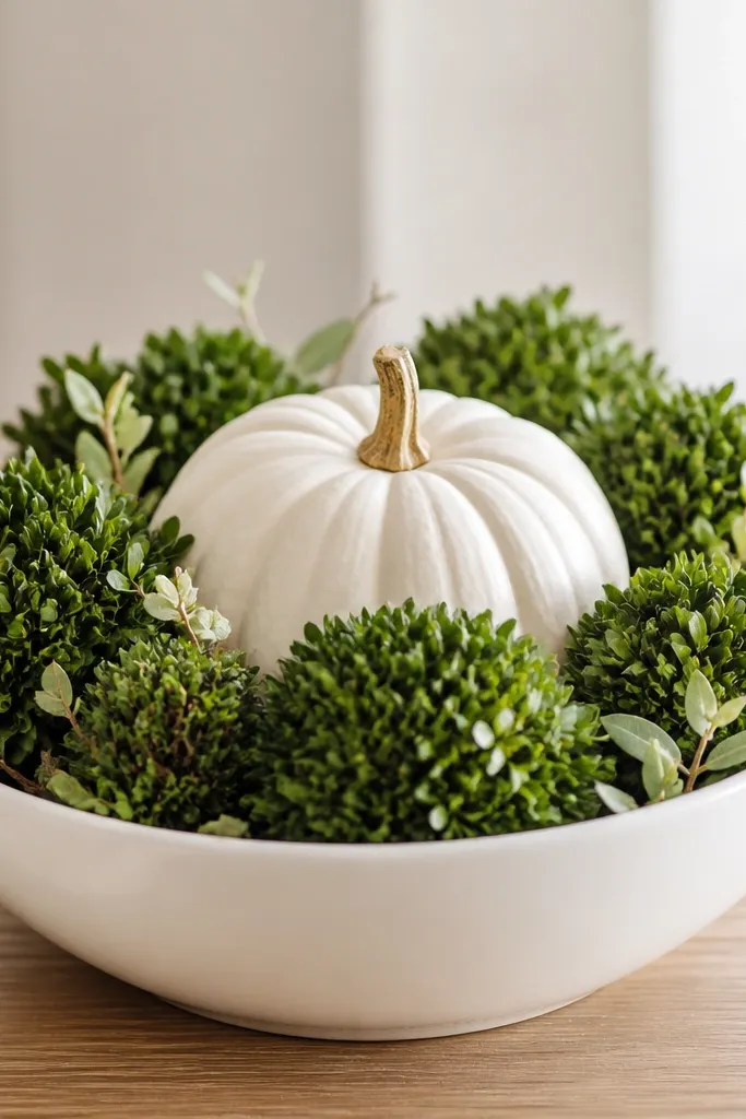 A white ceramic bowl planter with a white pumpkin centered inside. Several mini boxwood clumps are placed around the pumpkin like rounded hedges. Tiny twigs and a few pale green stems peek between the clumps.
