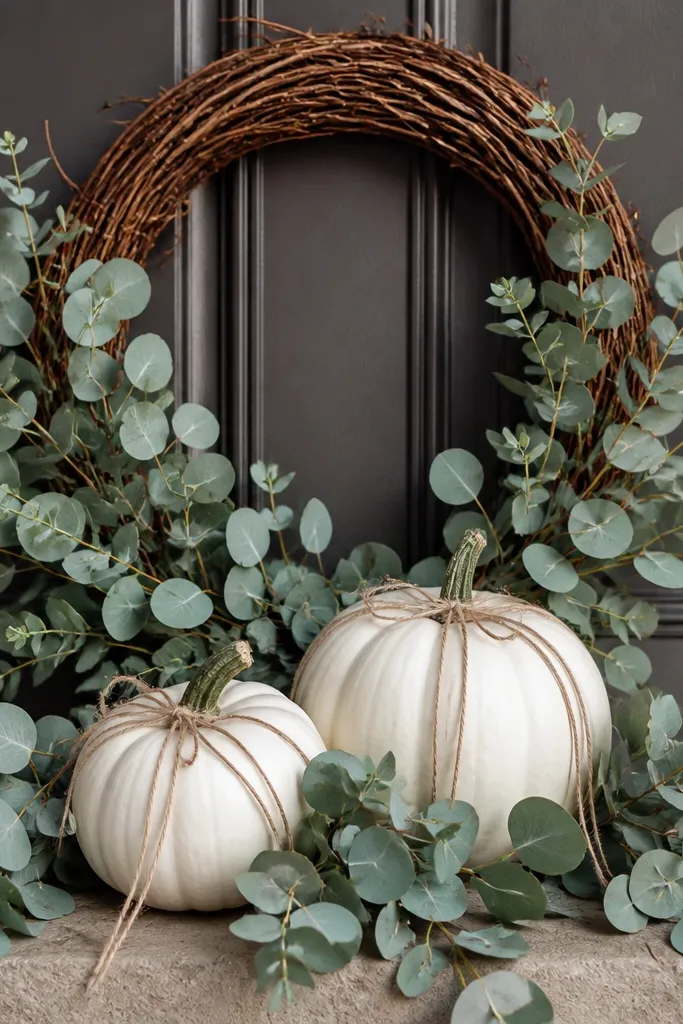 A grapevine wreath hung on a door. Two white pumpkins sit in front, tied with twine. Long eucalyptus sprays drape from the pumpkins and wrap the wreath edges with silvery-green leaves.