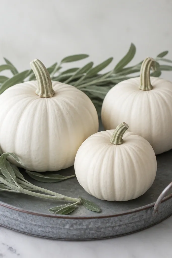 A galvanized metal tray with three white pumpkins. Soft gray-green sage stems are laid in arcs across the tray, some tucked under pumpkin bases. A few dried sage leaves rest near the front.