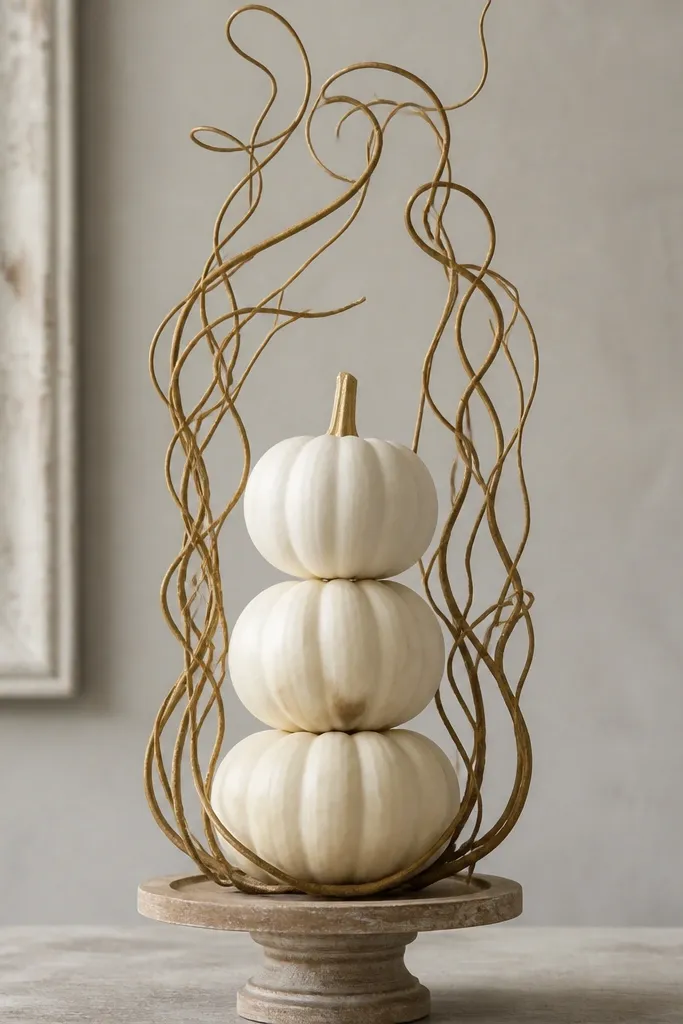 A tall arrangement: three small white pumpkins stacked on a riser. Curly willow vines spiral around them, forming a soft cage shape. The vines reach higher than the top pumpkin.