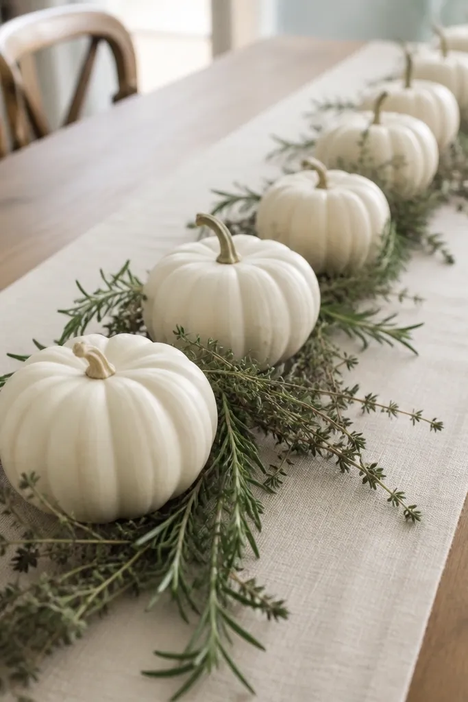 A long table runner in cream cloth. Along it, multiple small white pumpkins line up with trailing thyme and rosemary spilling over the sides. A few sprigs are tucked between pumpkins like commas.