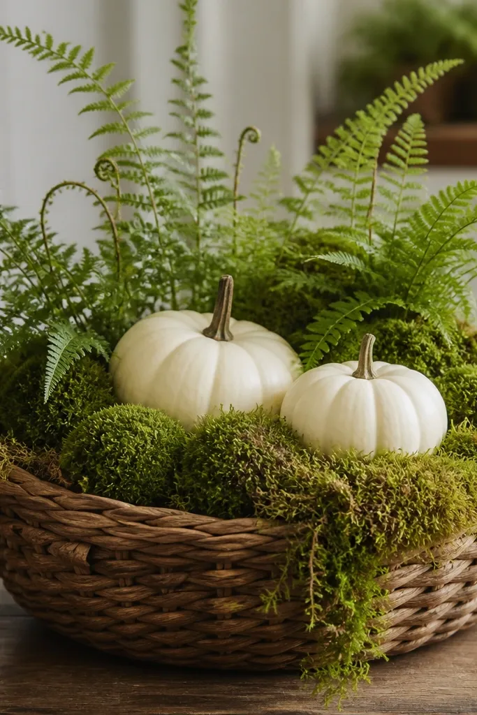 A woven basket filled with live moss. Two white pumpkins sit on top, with small fern fronds fanning out. A few moss clumps cover the basket rim.