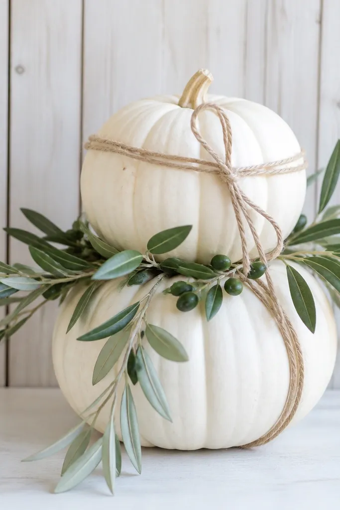 Two white pumpkins wrapped loosely with linen twine. Olive branches are tucked between pumpkins and drape downward. The background is a pale wood wall.