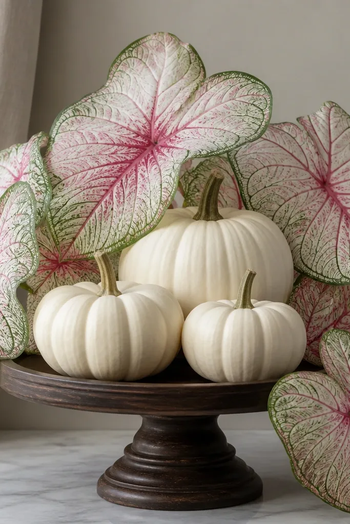 Three white pumpkins on a dark wood pedestal. Large caladium-like leaves with pale pink and green veins fan out behind and beside the pumpkins.