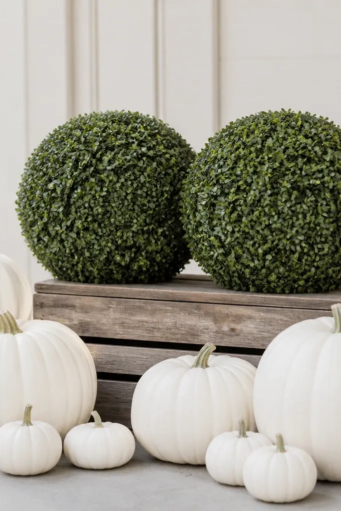 A cluster of white pumpkins grouped around two small spherical topiary balls. The topiaries sit on a low wooden crate and look trimmed and uniform.
