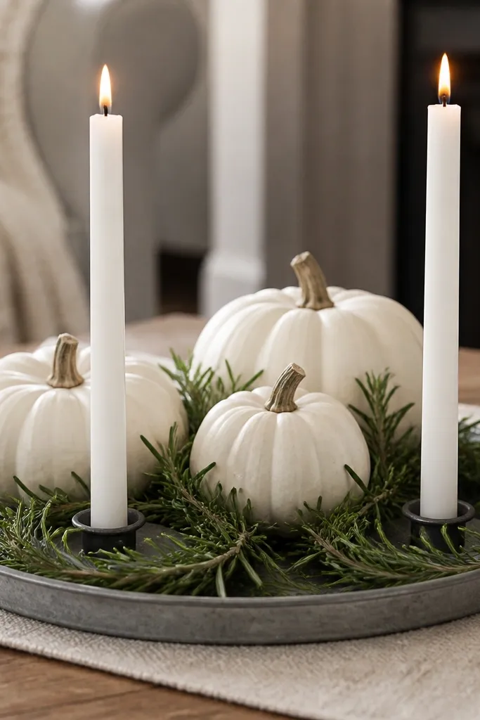 A metal candle tray holding three white pumpkins and two white taper candles. Rosemary is arranged in rounded rings around the candle bases, with a few sprigs tucked between pumpkins.