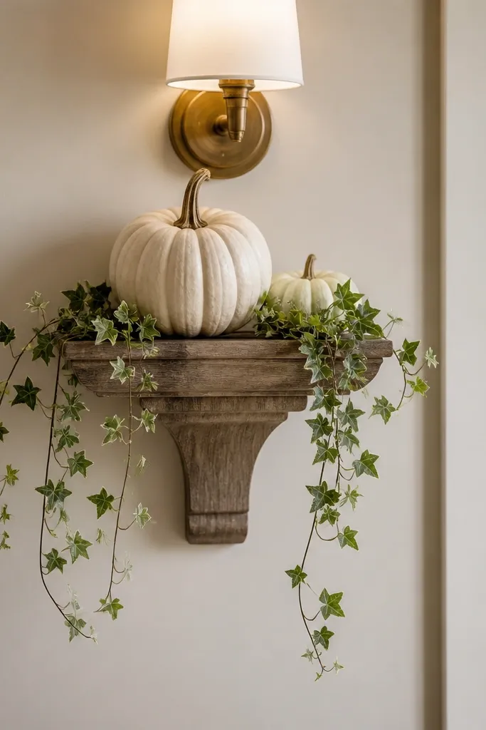 A small wall shelf under a sconce. A white pumpkin sits on the shelf with ivy trailing over the edge, hanging down in strands. A second smaller pumpkin sits behind it.