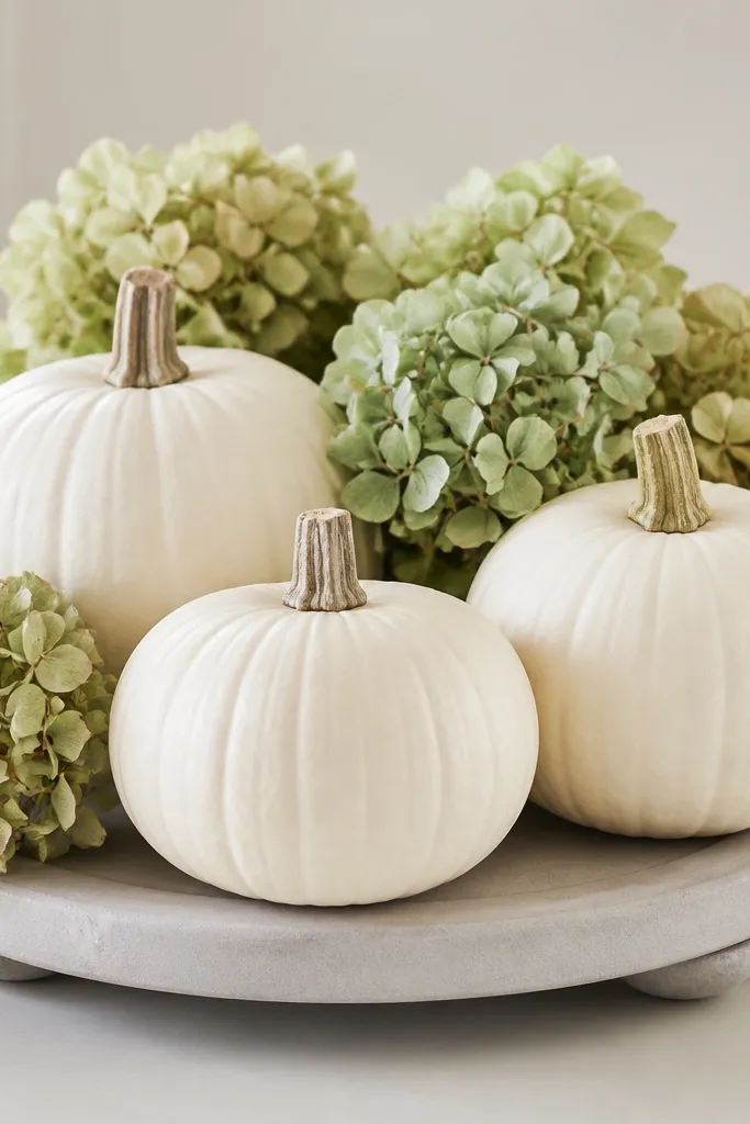A cluster of three white pumpkins on a round riser. Hydrangea-style foliage sprays with layered leaf pads sit behind and between pumpkins, forming soft puffs.