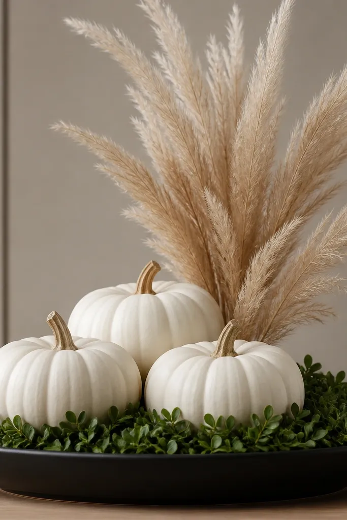 A black shallow tray with a boxwood base. Three white pumpkins sit on top, and pampas grass feathery plumes rise behind them, slightly off-center.