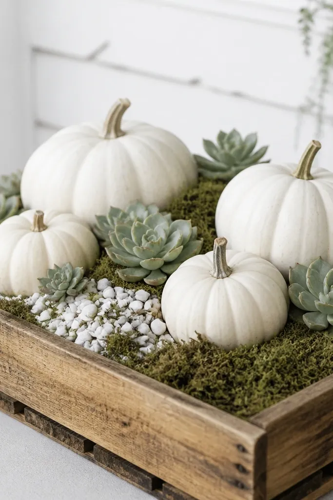 A low wooden crate filled with damp moss. Several white pumpkins sit on top with small succulent rosettes tucked around their bases. Tiny white pebbles cover some moss patches.