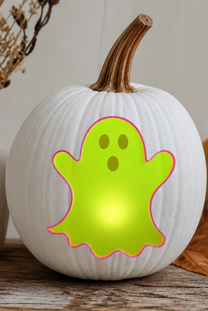 A white-painted pumpkin with a simple neon-green ghost silhouette. Behind the ghost, a faint circular glow window appears where a battery tea light sits, and the ghost edges have thin hot-pink highlights.