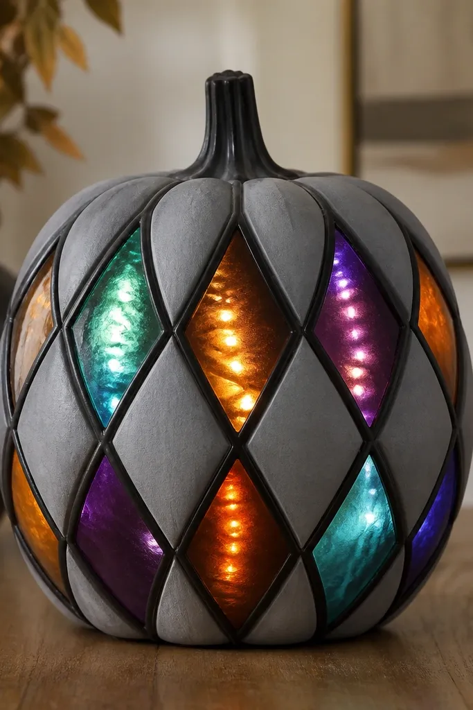 A pumpkin painted pale gray with black "lead" lines forming diamond panels. Inside each panel is translucent color: teal, amber, and purple, and thin LED strip light runs behind the center panels.
