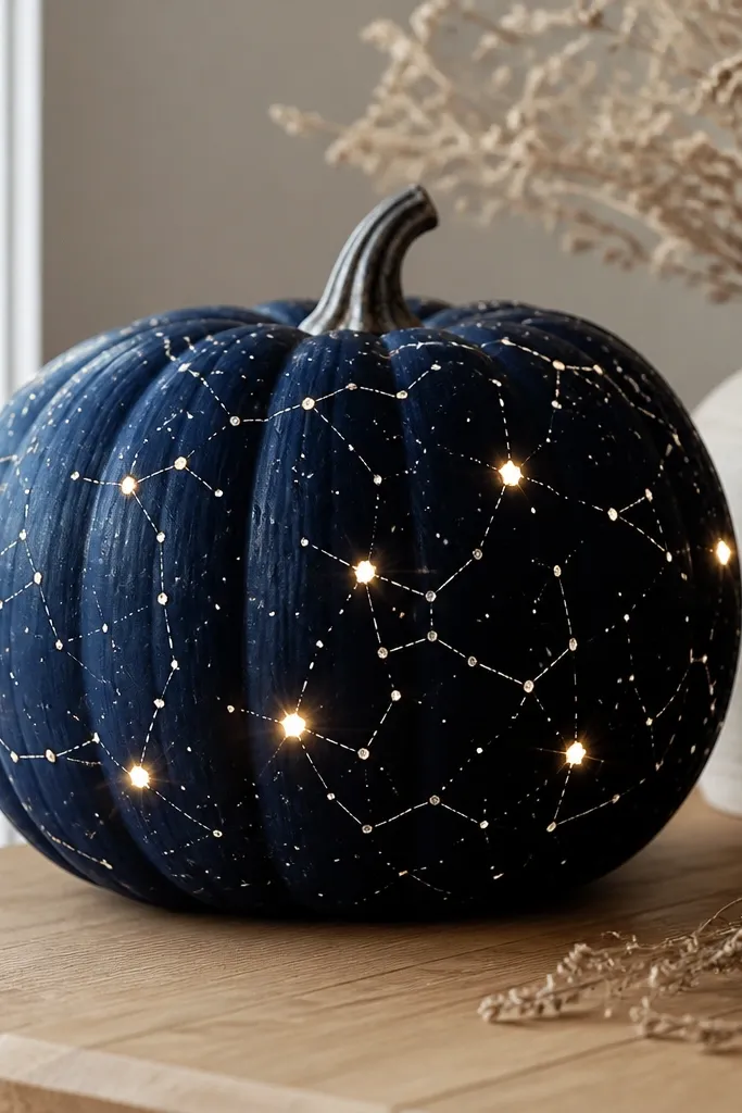 A deep navy pumpkin with tiny white dot stars connected by thin silver lines. A few raised star points glow brighter where small LED dots or a puck light shines through.