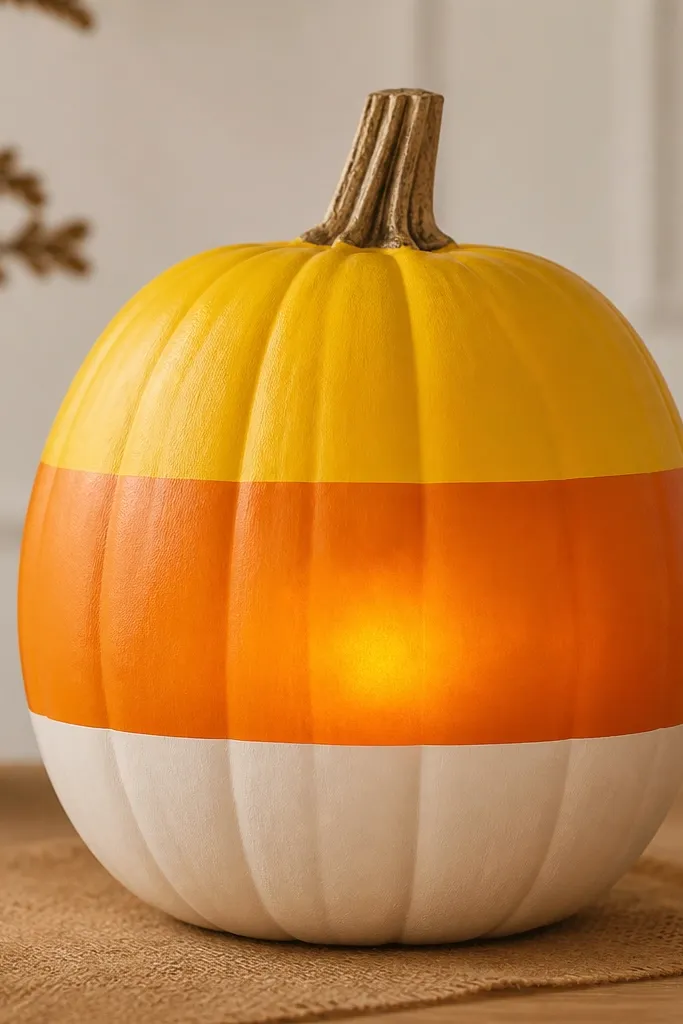 A pumpkin painted in three horizontal candy corn bands: bright yellow, orange, and off-white. The center area glows softly from a tea light, and the stripes have crisp edges.