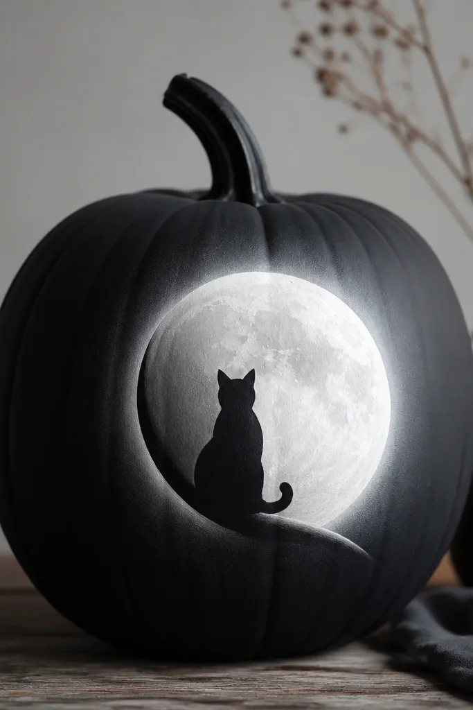 A charcoal-black pumpkin with a matte white moon painted on one side. A black cat silhouette sits on a painted crescent ridge, and a soft white rim glow forms a halo around the moon area.