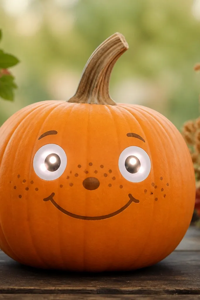 A warm orange pumpkin painted with a friendly face. The eyes are bright white circles with a glow at the center, and there are small brown freckle dots across the cheeks and nose.