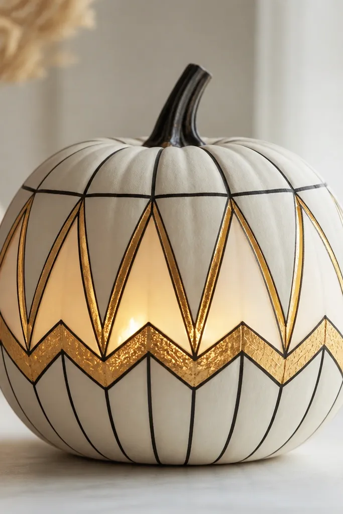 A white pumpkin with black and metallic-gold geometric lines forming triangles and zigzags. A centered warm glow comes from a tea light behind the middle, lighting the gold lines.