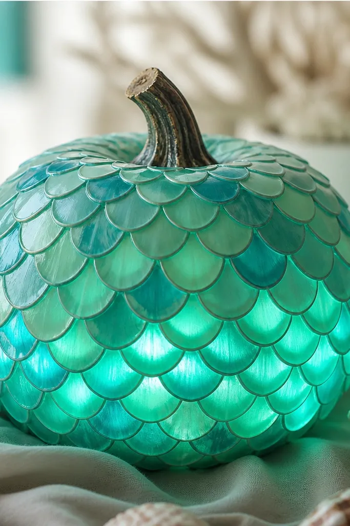 A seafoam green pumpkin with overlapping scale shapes painted in teal and aqua. A teal LED strip glows from the bottom half, making the scales look like they're lit from within.