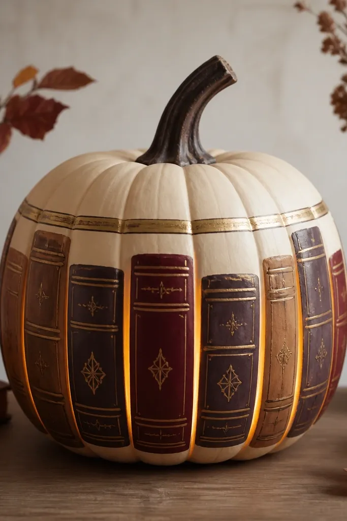 A cream pumpkin painted with faux book-spine panels in muted browns and burgundy. Small warm amber lights glow from inside, and the top has a thin gold "label" strip.