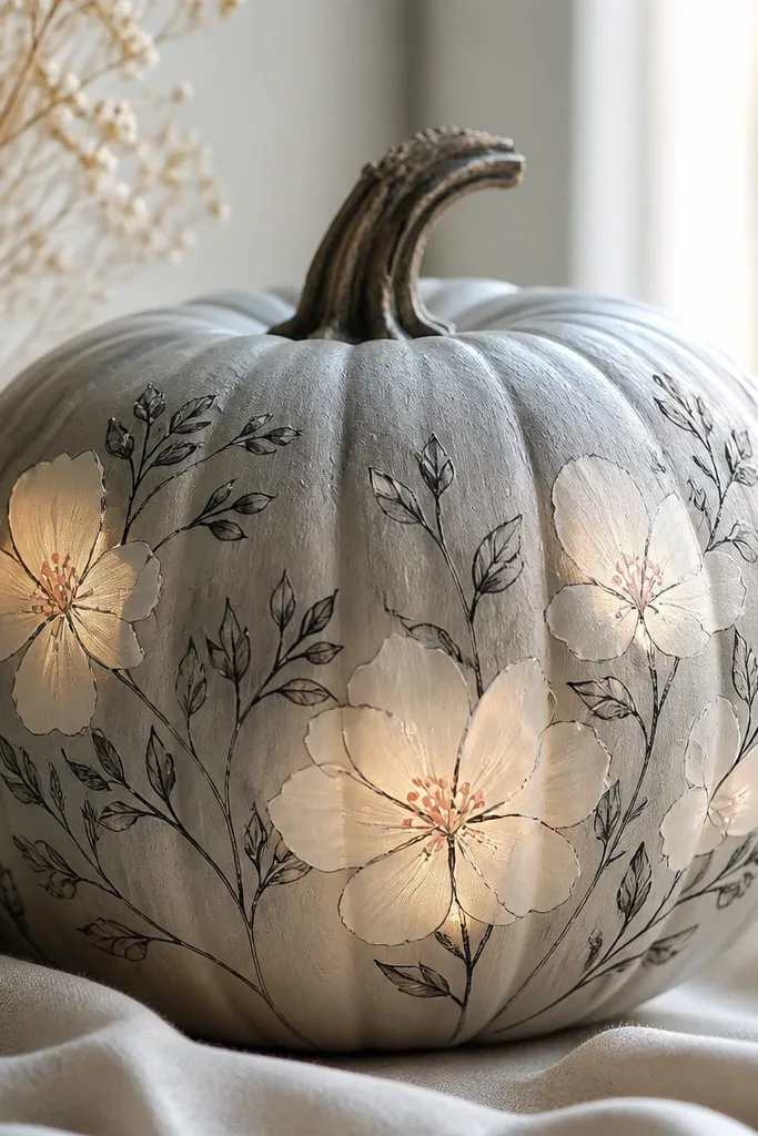 A light gray pumpkin with thin black floral outlines. Several white blossoms are painted semi-translucent and glow from behind, with tiny pink dots at the centers.