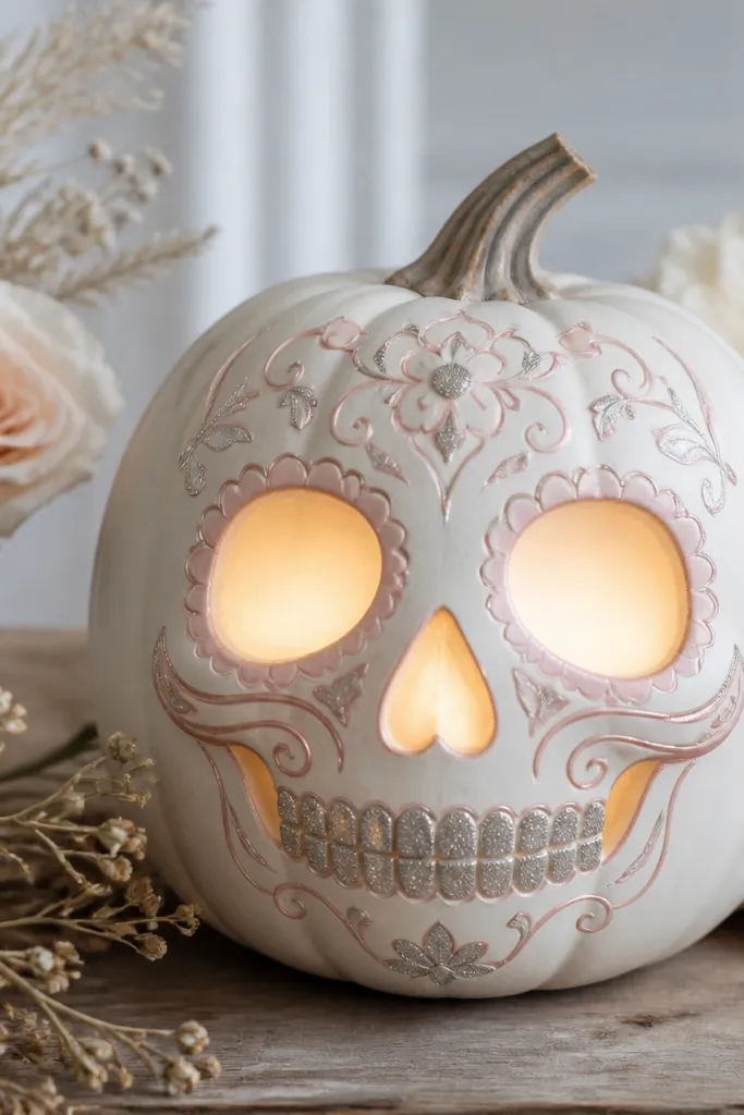 A white pumpkin painted like a candy skull. The eye sockets and cheek lines glow softly, with silver glitter accents around the teeth area and a thin pastel pink outline.