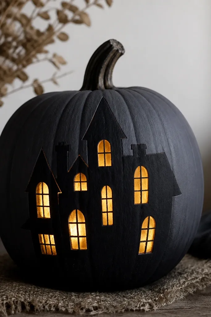 A dark charcoal pumpkin painted with a simple haunted house silhouette. Multiple window frames are drawn in white, and the windows glow as if lit through a layered frame effect.