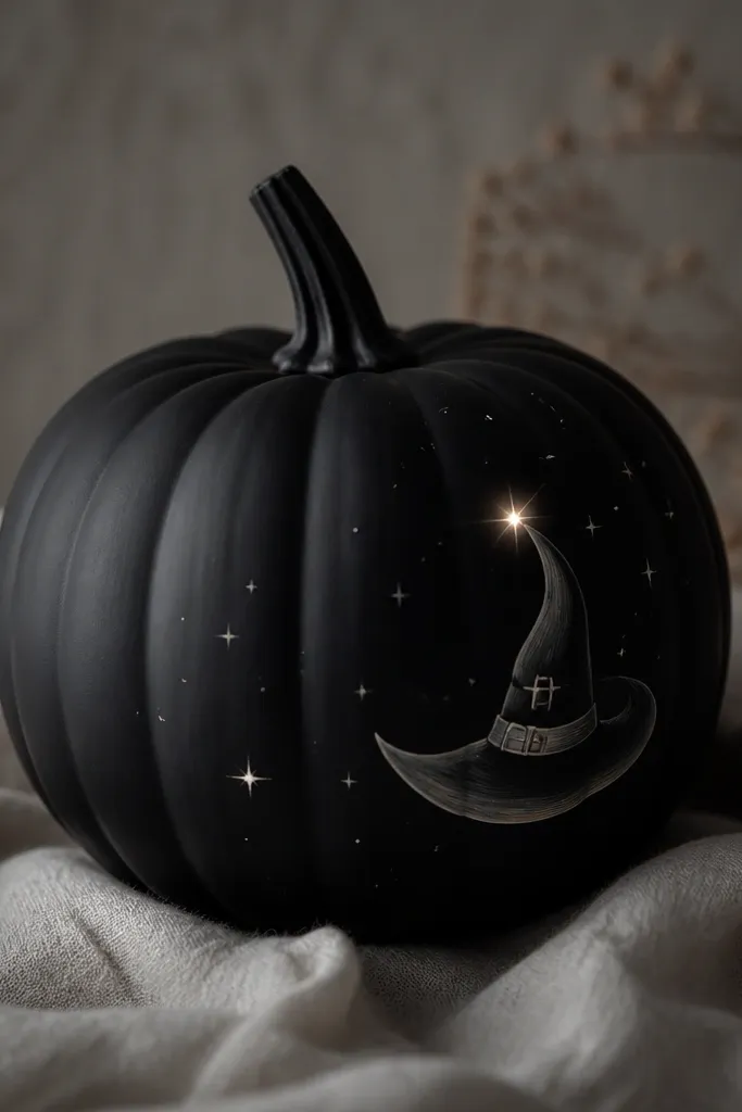 A matte black pumpkin with a small painted witch hat on the side. One star near the hat glows intensely, and the rest of the pumpkin stays mostly clean with a thin white crescent highlight.