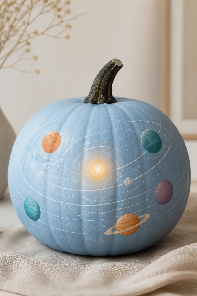 A sky-blue pumpkin with thin white orbit lines curving around a glowing center. Several planets are painted in different colors - teal, orange, and muted purple - each with a small highlight.