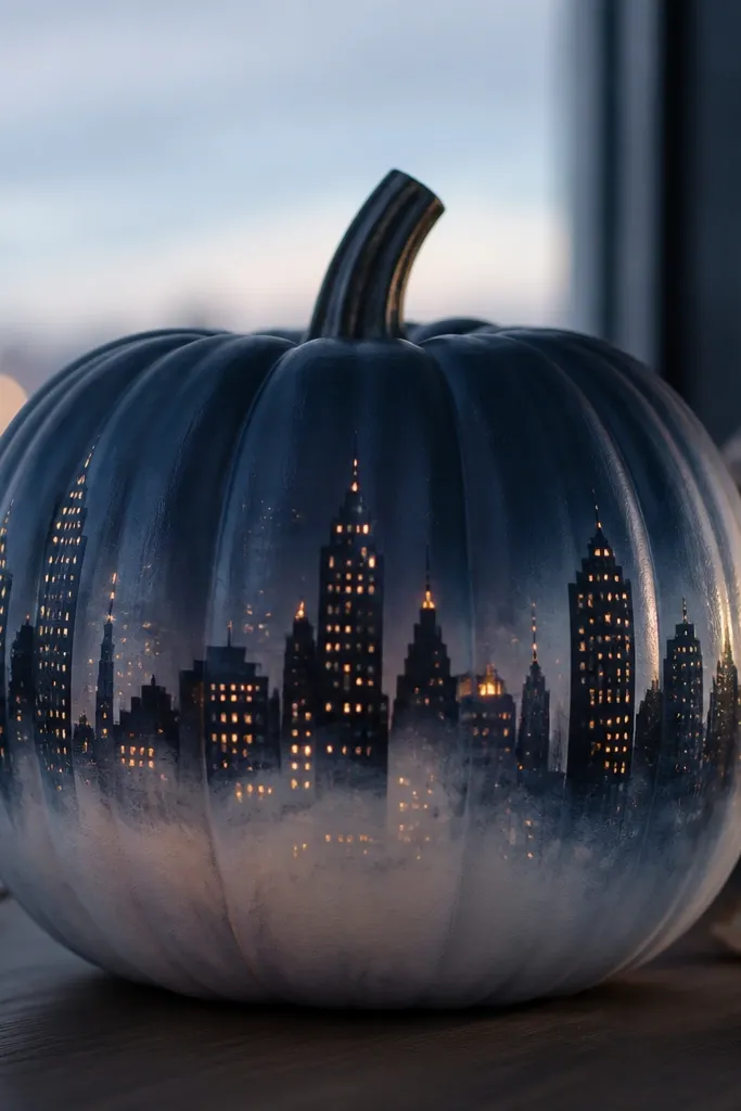 A dark navy pumpkin with a painted skyline silhouette. The lower third looks foggy with a white translucent haze, and small window dots glow where LEDs shine from inside.