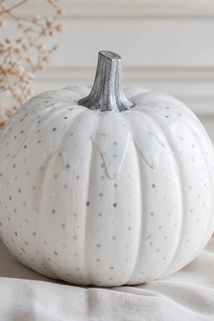 A white painted pumpkin with a slightly darker white glaze around the top like a snow globe, covered in tiny evenly spaced dots in silver and light blue; the stem is painted soft gray with a few dry-brush strokes.