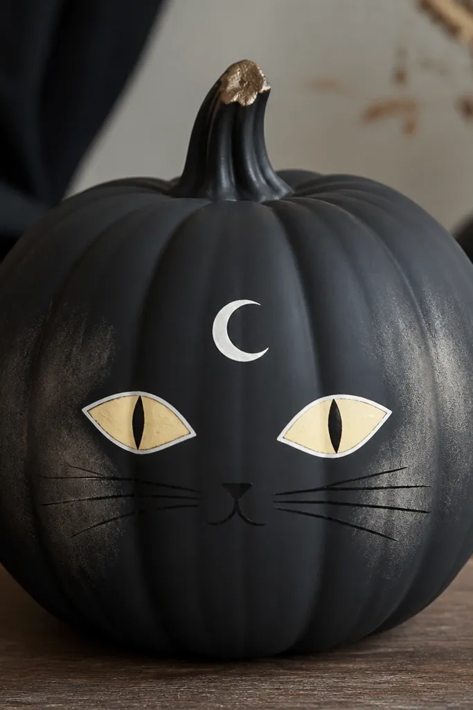 A matte black pumpkin with two pale yellow almond eyes edged in white, tiny black whisker lines, and a small crescent moon painted above the face; the background has subtle dry-brushed gray around the cheeks.