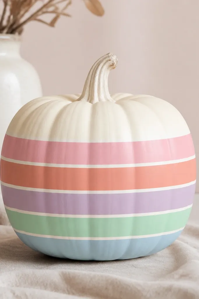 A cream pumpkin with five horizontal pastel stripes (pink, coral, lavender, mint, pale blue) separated by thin white gaps; the stripes are perfectly straight and end neatly around the curve.