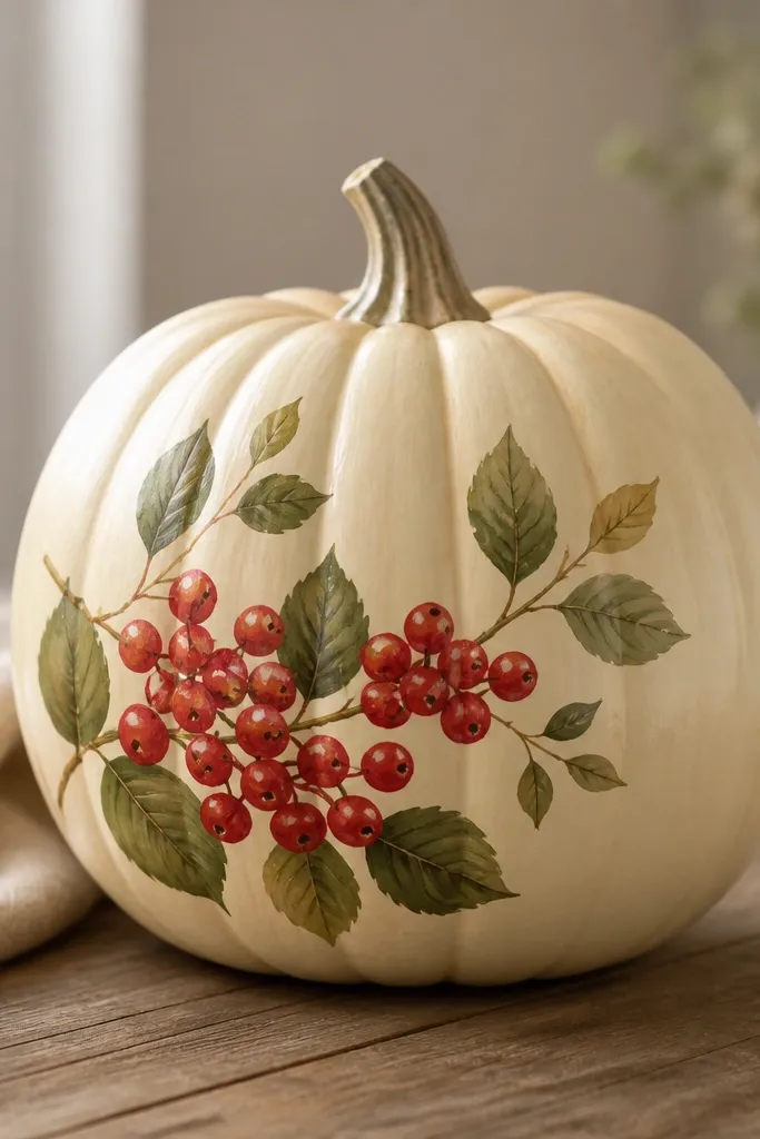 A warm ivory pumpkin with a cluster of red berries painted in a group on one side, each berry having a tiny white highlight; scattered green leaves sit above and around the cluster with a few vein lines.