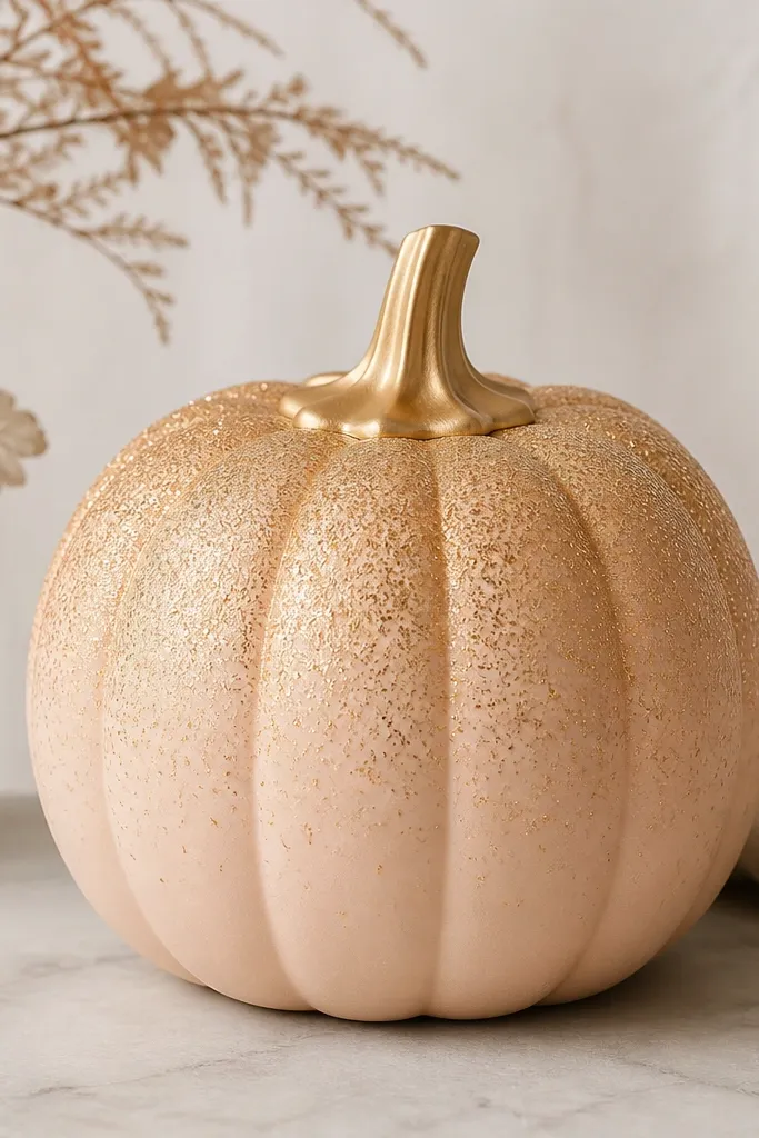 A light peach pumpkin with a stippled fade of gold glitter paint that gets denser near the top and thins toward the bottom; a matte gold stem cap sits above.