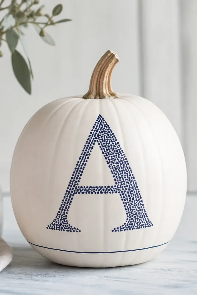 A white pumpkin with a large single letter painted in dark navy made of many tiny dots; the rest of the pumpkin is clean and unpainted except for a thin navy line near the base.