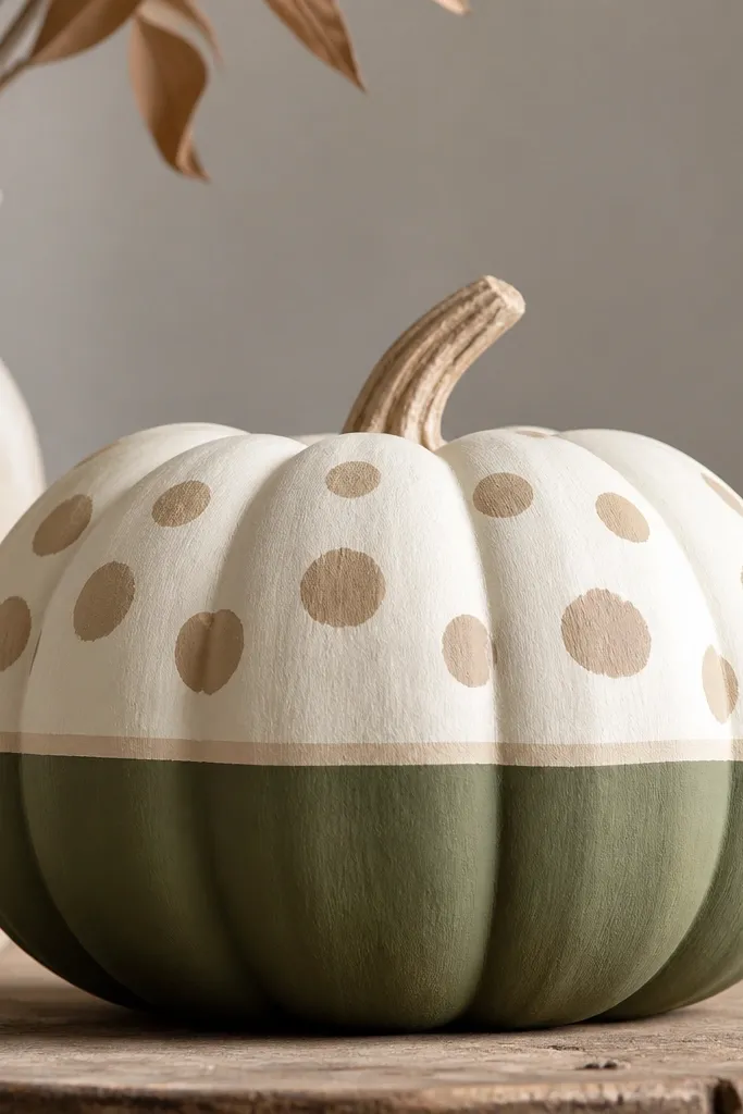 A pumpkin painted in creamy mushroom-cap white with rounded tan spots across the upper half; the lower half is painted moss green with a thin cream line separating cap and stem.