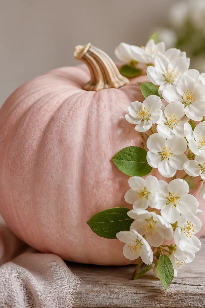A blush-pink pumpkin with white apple-blossom flowers clustered along one side, each flower having five tiny petals and a yellow center; a few green leaves appear near the cluster.