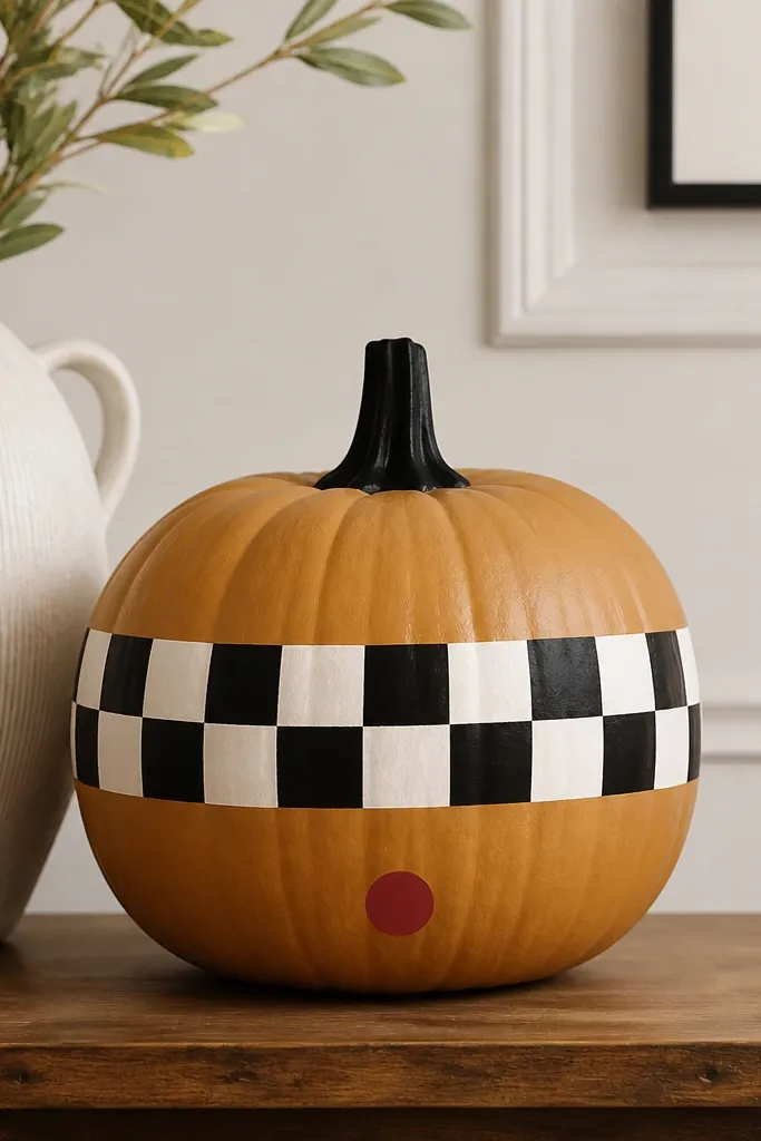 A caramel orange pumpkin with a bold horizontal checker band in white and black across the middle; a small red circle accent sits near the bottom and the stem is painted black.