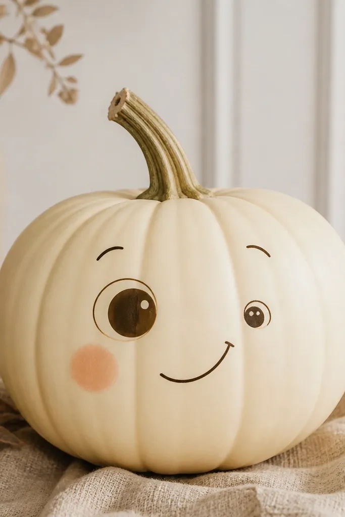 A pale cream pumpkin with a single cheek blush spot, one eye bigger than the other in soft brown, and a curved smile slightly off-center; the blush is peach and the eyebrows are thin.