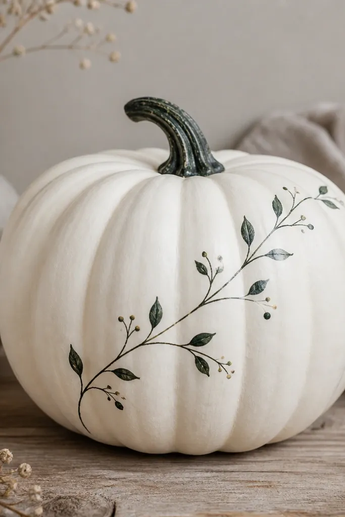 A white pumpkin with a thin dark green vine winding diagonally, small leaf shapes along the vine, and a few tiny berries painted as dots; the stem is painted dark green with a light dry-brush.