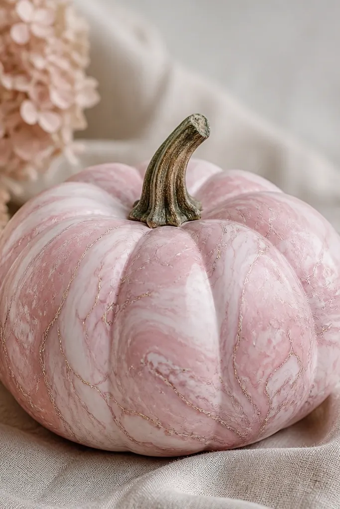 A pale pink pumpkin with white marbled swirls and thin gray-pink veins; the pattern wraps around the curves like stone.