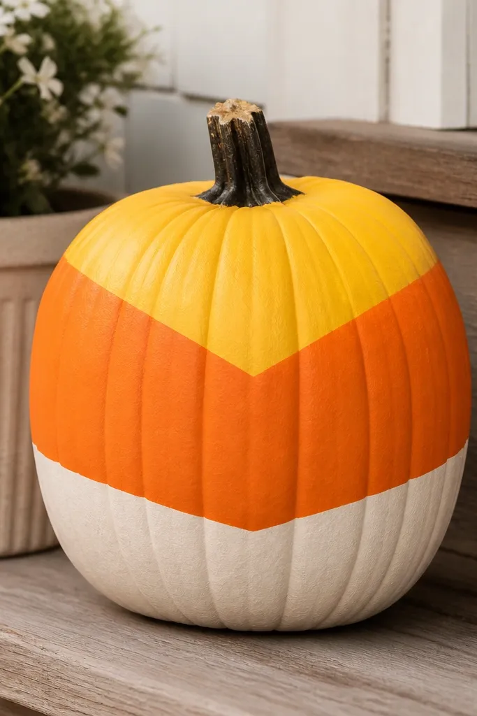 A pumpkin painted in candy corn colors: yellow at the top, orange in the middle, and cream at the bottom; the transitions are sharp and angled like candy corn triangles.