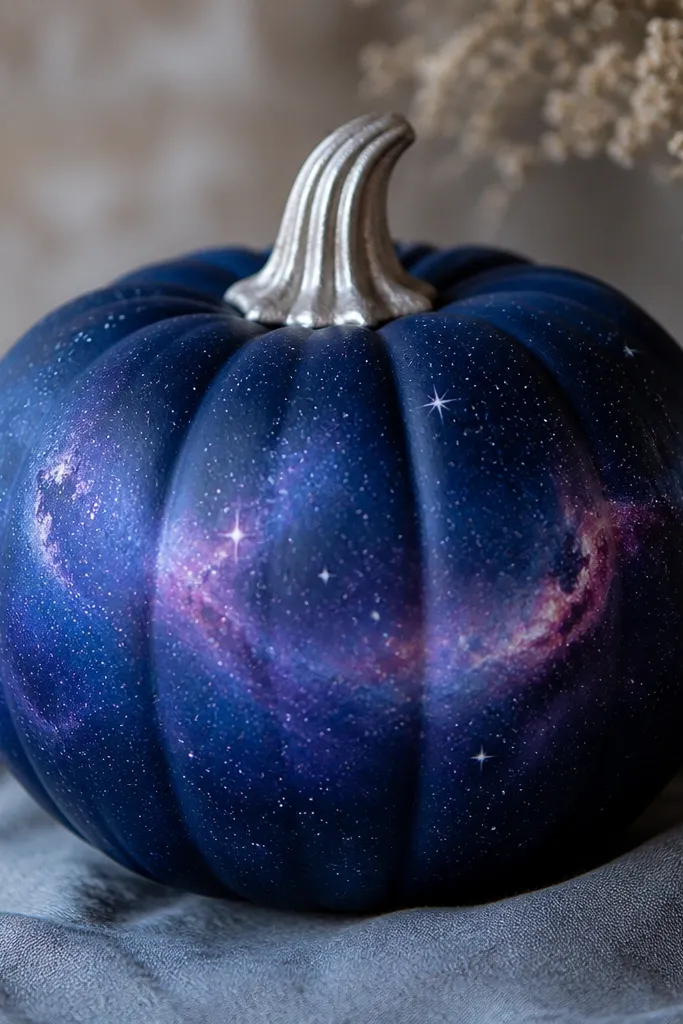 A deep navy pumpkin with a purple-blue gradient around the middle, tiny white stars scattered unevenly, and a few small pink nebula swirls; the stem is painted metallic silver.