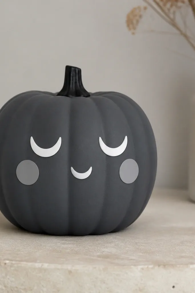 A matte charcoal gray pumpkin with a face made of white half-moons for eyes and a small white half-moon for a mouth; the cheeks are light gray circles and the stem is painted black.