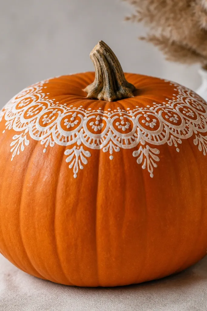 A classic orange pumpkin with a white lace-like border painted around the top rim and a few small lace swirls on the sides; the rest stays orange and the stem is natural brown.