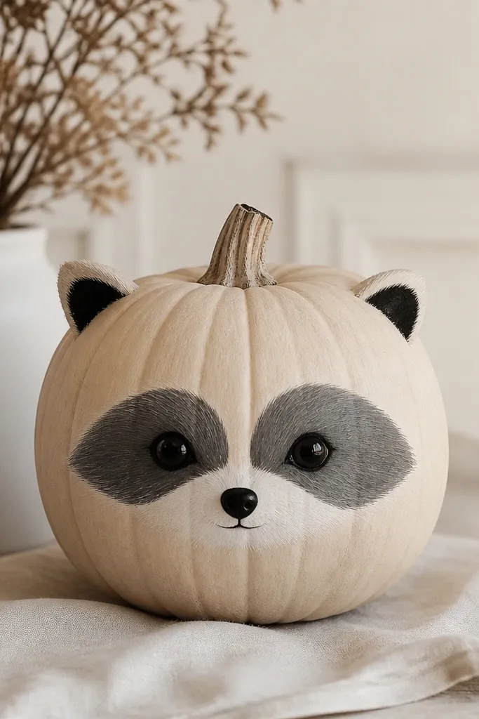 A light beige pumpkin with a grey raccoon mask around two dark eyes, thin black nose dot, small black ears on top, and a soft white muzzle area; the rest of the pumpkin stays mostly beige.