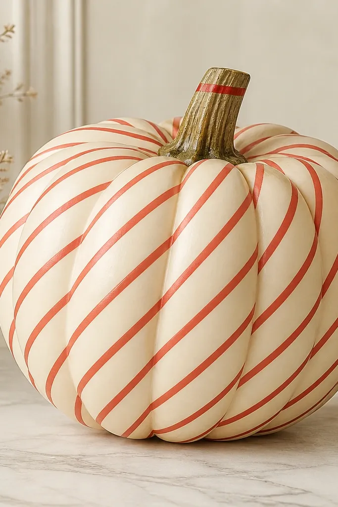 A cream pumpkin covered in thin diagonal red stripes that wrap around like candy cane ribbons; the stem has a small red band near the top.