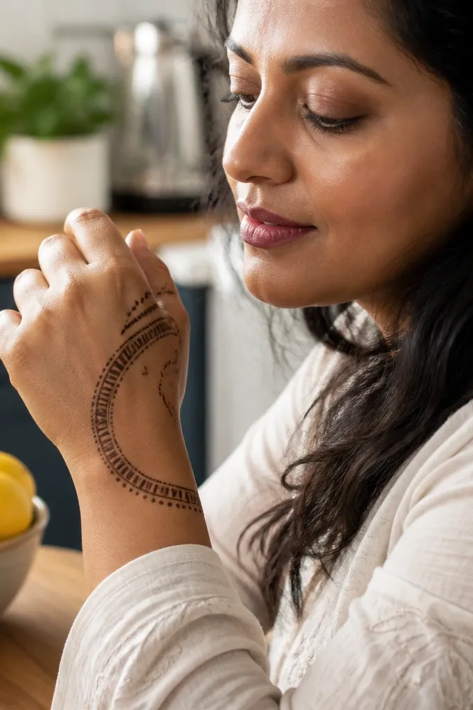 Henna crescent arc from thumb to wrist with two thin border lines