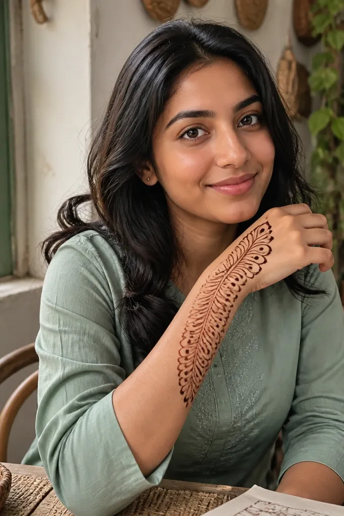 Peacock tail arc from wrist with feather dot tips and small eye shapes